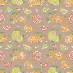 Citrus fruits hand drawn seamless pattern on cardboard 