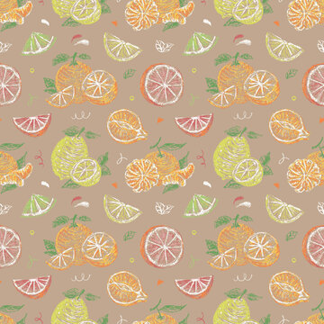 Citrus fruits hand drawn seamless pattern on cardboard 