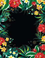 Banner with tropical leaves and flowers. Isolated on white.