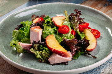 Salad with smoked turkey breast caramelized apples
