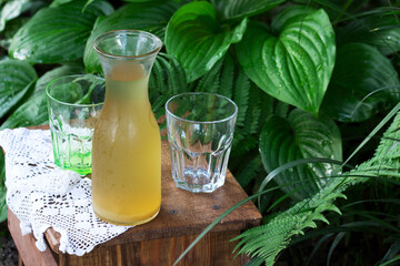 Rhubarb compote in a transparent jug and glasses on a wooden chair in the garden.