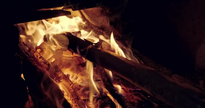 Wood burning stove on. Red stove. 4K.