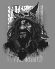 Digital black and white sketch of a dwarf marauder with skull helmet armor and black beard - digital fantasy illustration