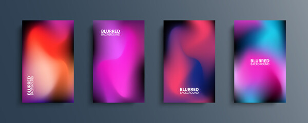 Blurred backgrounds set with modern abstract blurred dark color gradient patterns. Smooth templates collection for brochures, posters, banners, flyers and cards. Vector illustration.