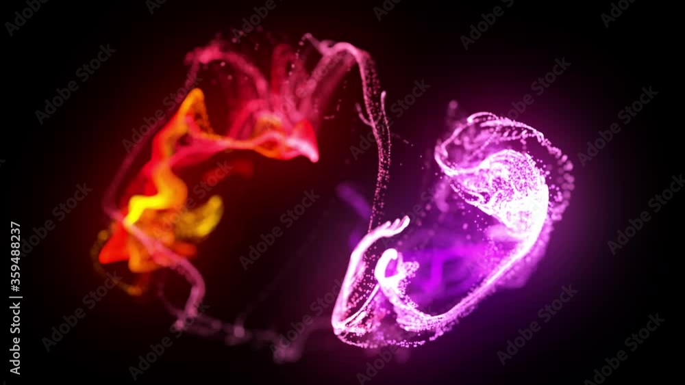 Poster injection of fluorescent red violet ink in water in 4k. 3d render of glow particles in ink flow. lum