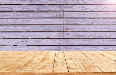 Scene creator. Mockup. Empty wooden deck table with summer bokeh background.