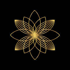 Lotus flower. Line art doodle sketch. Golden outline on black background. Background can be used in greeting cards, posters, flyers, banners, logos, yoga branding etc. Vector illustration. EPS10