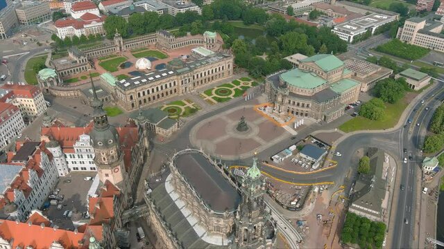Aerial view of cityscape of Dresden, baroque palace Zwinger and opera house Semperoper Dresden in historic centre of capital city of Saxony - landscape panorama of Germany from above, Europe
