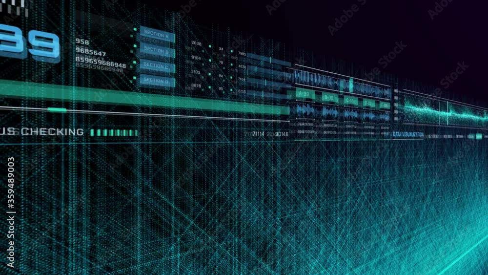 Poster UI Futuristic Perspective View Digital Data Monitoring. HUD Element Technology Security System Control Panel 4K Footage.