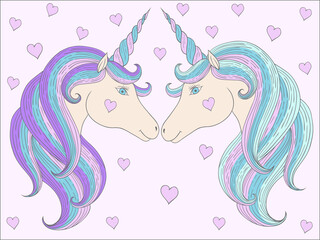 Obraz na płótnie Canvas Two unicorns in love. Cute magic cartoon fantasy cute animal. Valentine day. 