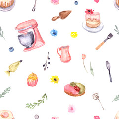 Seamless pattern for cake shop and bakery, kitchen with floral elements leaves and flowers roses, cake, and stationary blender, cooks. Watercolor illustration.Kitchenwear
