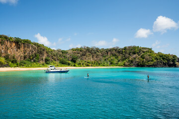 The Beautiful view of Sancho Beach from the sea, with turquoise clear water, at Fernando de Noronha Marine National Park, a Unesco World Heritage site, Pernambuco, Brazil