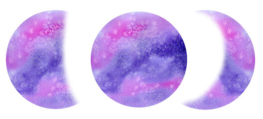 Watercolor phases of the moon. Hand painting purple and pink galaxy illustration isolated on white background.