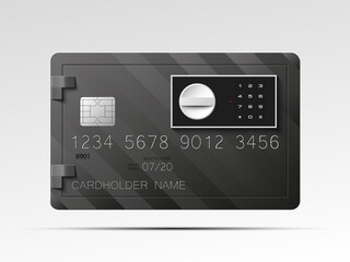 Credit card with Electronic lock picture. Bank card with image combination lock on front side. Plastic card with steel safe. Debit card with electromagnetic locking devices chip illustration