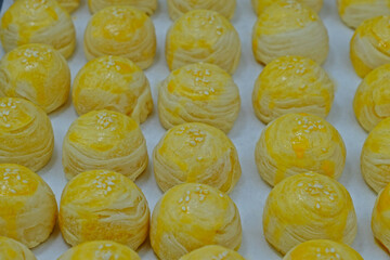 Delicious homemade Chinese pastries (mini moon cakes or bings) with mung bean and preserved egg yolk.