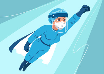 Young woman wearing medical personal protection suit with face shield, mask, gloves flying in superhero pose. Front line essential workers, medical staff, doctors fighting coronavirus pandemic.