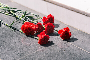 Carnations on a marble slab close-up. Laying flowers. Day of remembrance and mourning.