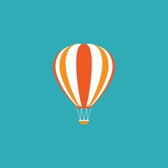 Fototapeta premium Orange hot air balloon flying in the blue sky. Flat cartoon design.