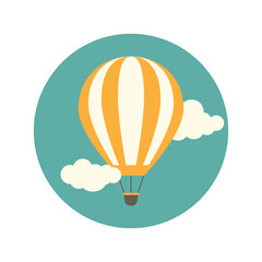 Orange hot air balloon flying in the turquoise sky with clouds. Flat cartoon design.
