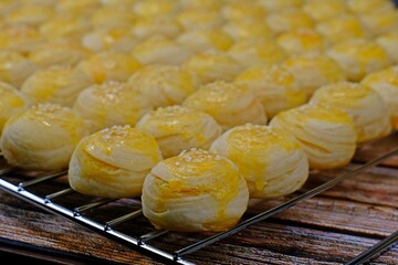 Delicious homemade Chinese pastries (mini moon cakes or bings) with mung bean and preserved egg yolk.