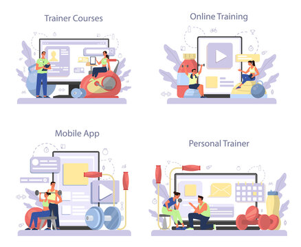 Fitness trainer online service or platform set. Workout in the gym - Powered by Adobe