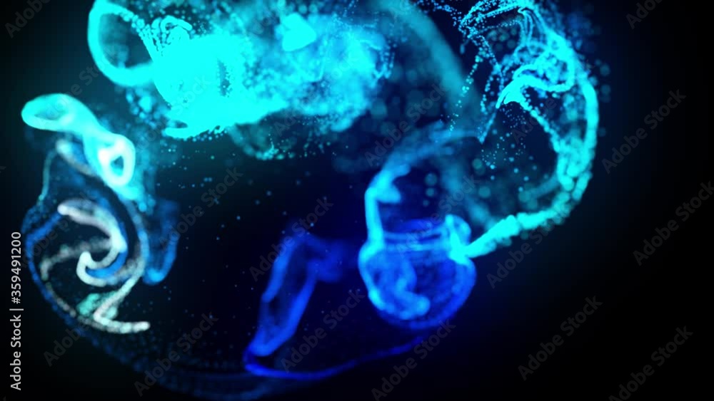 Poster injection of fluorescent blue ink in water in 4k. 3d render of glow particles in ink flow. luma matt