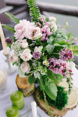 flowers,bridal decor closeup.Decoration made of peonies,roses and decorative plants