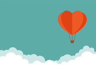 Fototapeta premium red heart air balloons flying in the blue sky with clouds. Flat cartoon horizontal background.