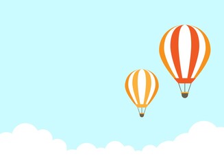 Orange hot air balloon flying in blue sky with clouds. Flat cartoon horizontal background.