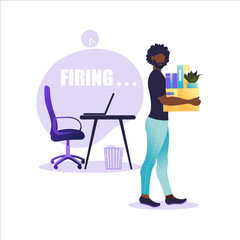 Vector illustration of firing employee. African american man standing with offices box with things. Unemployment concept, crisis, jobless and employee job reduction. Job loss.