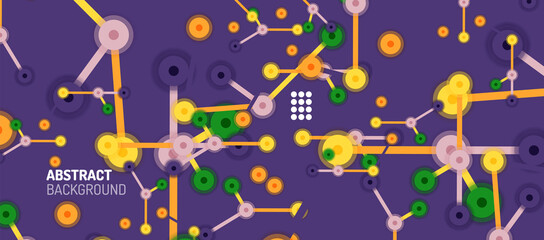 Flat style geometric abstract background, round dots or circle connections on color background. Technology network concept.