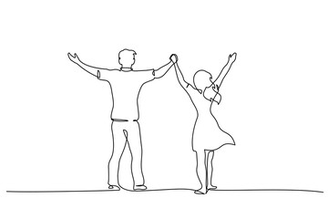 Happy couple holding hands up together One line drawing