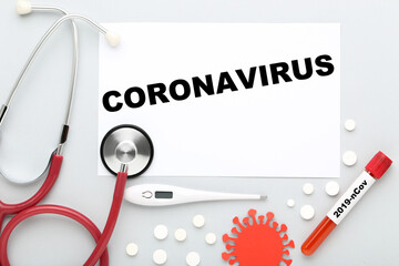 Text Coronavirus with stethoscope, pills, thermometer and test tube on grey background