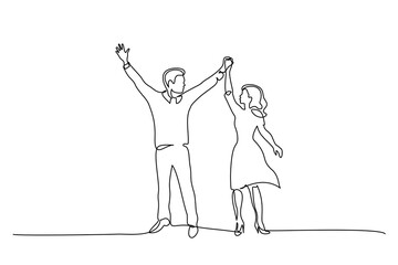 Happy couple holding hands up together One line drawing