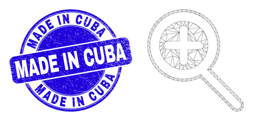 Web carcass zoom in pictogram and Made in Cuba seal stamp. Blue vector round scratched seal with Made in Cuba phrase. Abstract carcass mesh polygonal model created from zoom in pictogram.