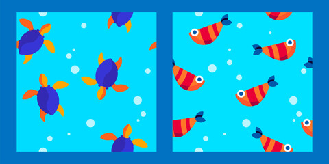Fototapeta na wymiar set of two baby seamless patterns with tropical bright multi-colored turtles, fish and bubbles. cartoon flat design. Marine theme