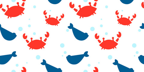 Obraz premium baby seamless pattern with silhouettes of red crabs,fish and bubbles. flat design. Marine theme. for packaging, paper, fabric. print for clothes