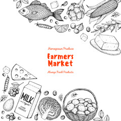 Various food frame. Organic food illustration. Farmers market design elements. Hand drawn sketch. Good food store concept