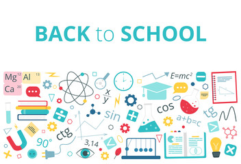 Fototapeta premium Horizontal banner with icons for education, infographics design, web elements. Back to school. Physics, chemistry, mathematics school subjects. Vector illustration in flat style
