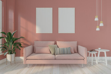 Modern minimal living room with pink sofa and white side table , hanging lamp, picture frame and dark pink wall. 3D rendering 