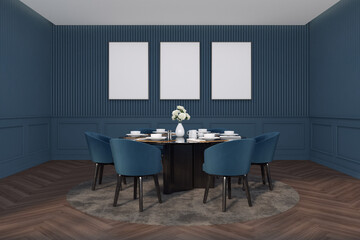 Modern luxury dining room with table and chair , blue pattern wall and picture frame , dark brown wood flooring. 3d rendering	