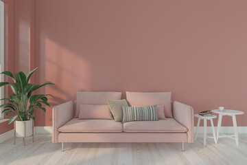 Modern minimal living room with pink sofa and white side table , dark pink wall. 3D rendering 