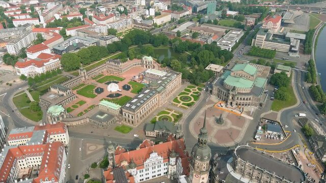 Aerial view of cityscape of Dresden, baroque palace Zwinger and opera house Semperoper Dresden in historic centre of capital city of Saxony - landscape panorama of Germany from above, Europe