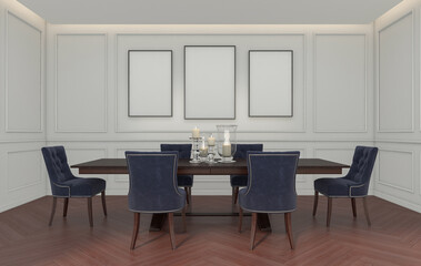 Modern classic dining room with table and chair , white pattern wall and picture frame , dark brown wood flooring. 3d rendering	