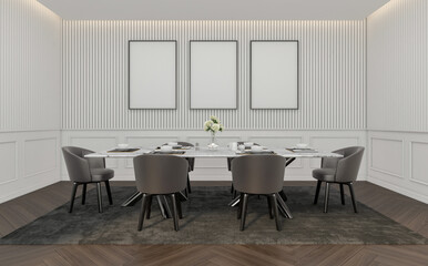 Modern luxury dining room with table and chair , white pattern wall and picture frame , dark brown wood flooring. 3d rendering	
