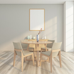 Minimal dining room with table and chair , wood sideboard , gray wall and picture frame. 3D rendering	