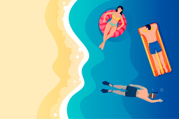 Woman and men swimming in sea. Vector flat top view illustration. Summer holiday travel and vacation at resort concept