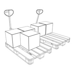 Hand pallet jack lift with pallet and stacked goods cardboard boxes. Manual forklift. Logistics shipping concept. Wireframe low poly mesh vector illustration.