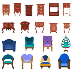 Fototapeta premium Set of antique nightstands, chests of drawers and bureaus, chairs isolated on a white background. Collection of antique furniture for bedroom, office, living room. Vector illustration in flat style.