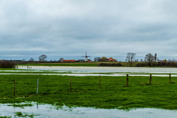 Fototapeta na wymiar Rural landscape in West Flanders, Belgium near Beveringe and Stavele with flood of the river IJzer 